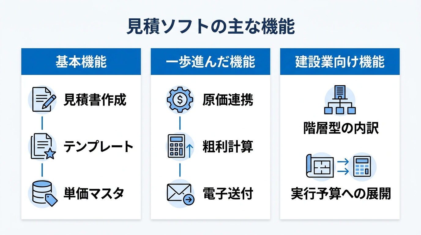 見積ソフトの機能を基本機能・一歩進んだ機能・建設業向け機能の3段階で整理した図