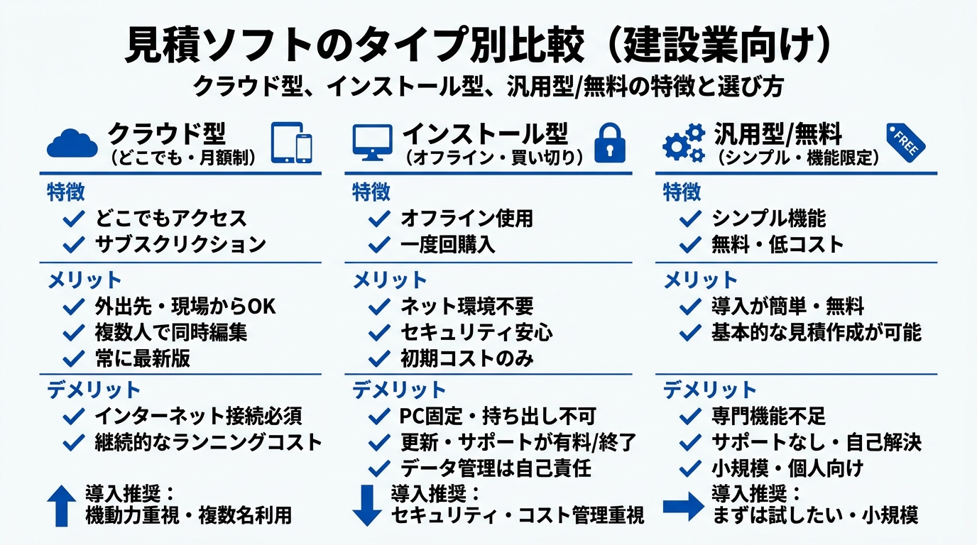 クラウド型・インストール型・汎用型の見積ソフトを費用や利用場所などで対比した比較図