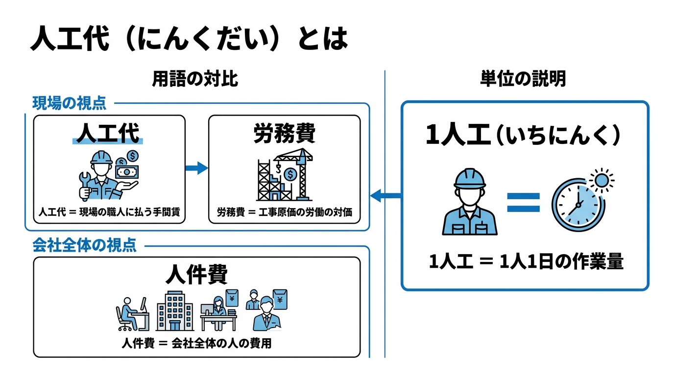 人工代・労務費・人件費の違いと1人工=1人1日の意味を整理した概念図