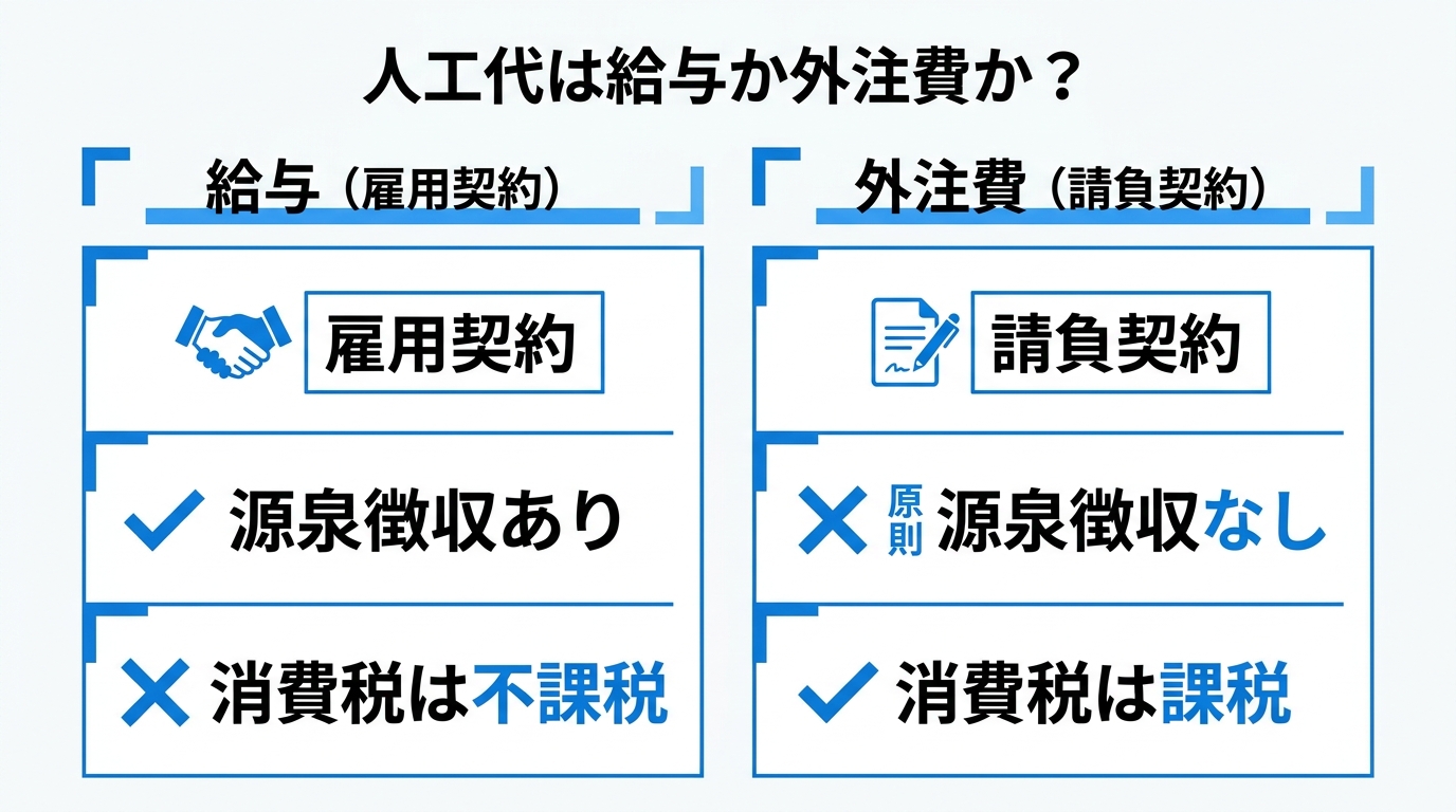 人工代の給与と外注費の違いを契約・源泉徴収・消費税の扱いで対比した比較表