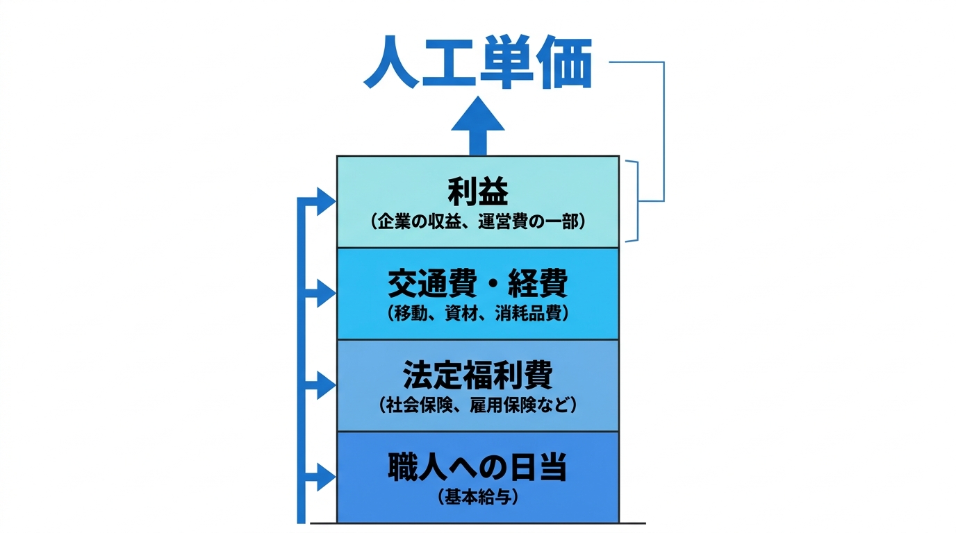 日当・法定福利費・経費に利益を乗せて人工単価を決める積み上げを示した図
