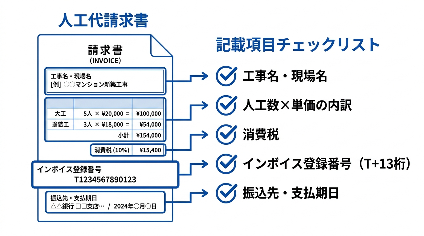 人工代請求書に記載する工事名・人工数と単価・消費税・登録番号などの項目を示したチェックリスト