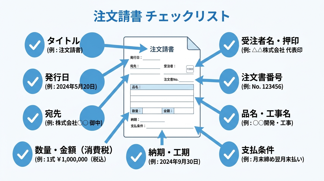 注文請書に記載する項目（タイトル・宛先・工事名・金額・納期・支払条件など）を示したチェックリスト図