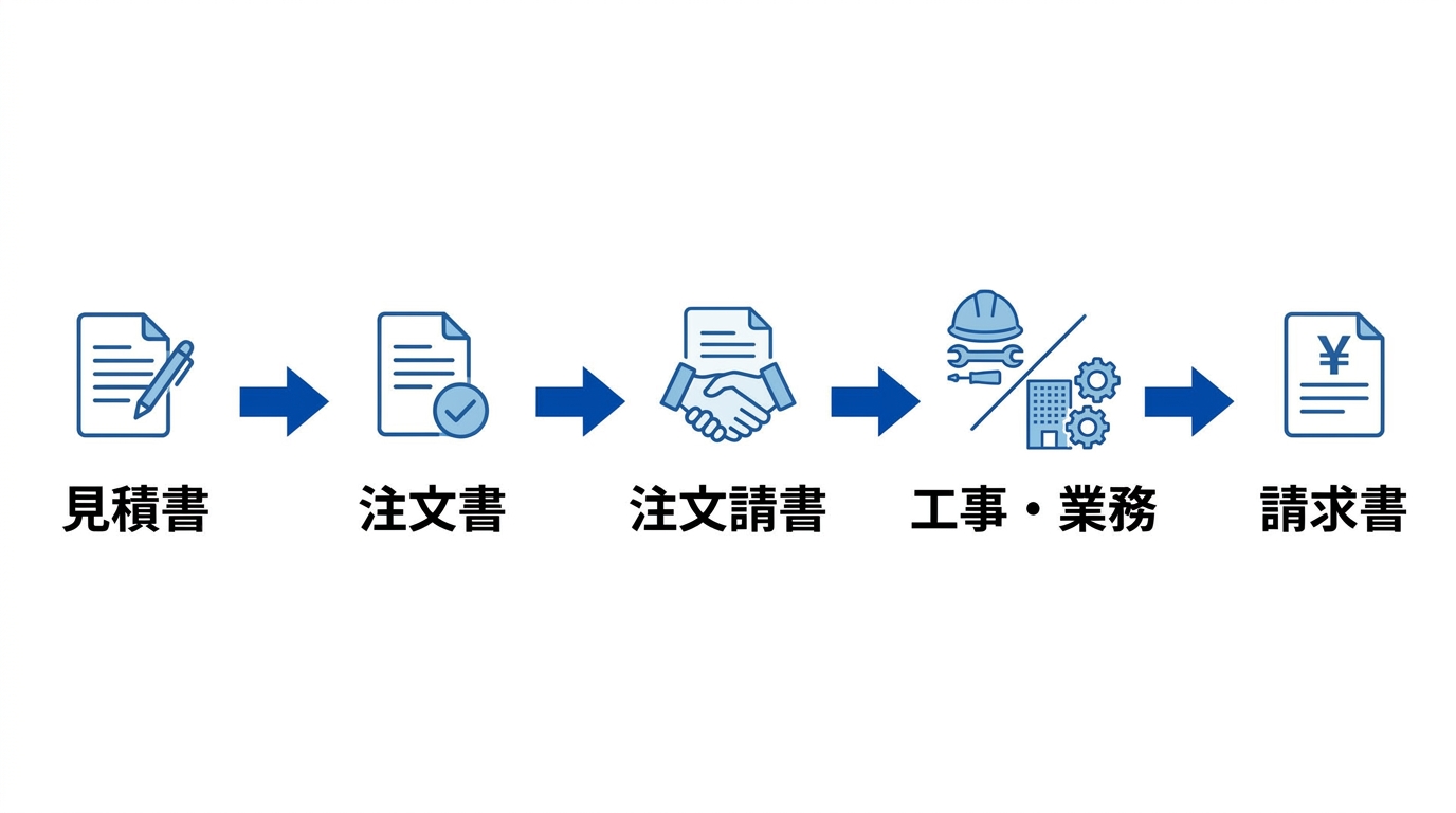 見積書から注文書・注文請書・工事・請求書へと進む受発注の取引の流れを示したフロー図