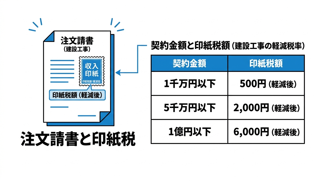 注文請書と印紙税の関係（収入印紙と建設工事の軽減後の印紙税額）を示したインフォグラフィック