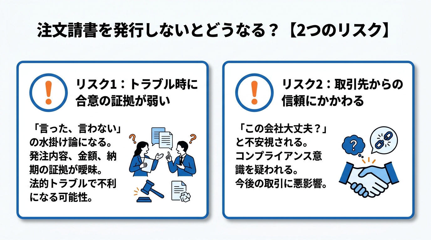 注文請書を発行しない場合のリスク（合意の証拠が弱い・取引先の信頼にかかわる）を示したインフォグラフィック