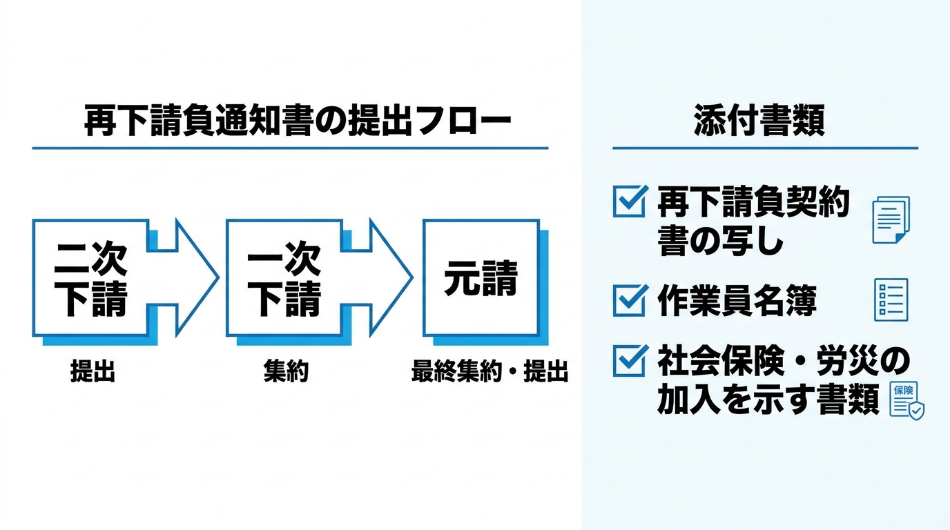再下請負通知書が二次下請から一次下請を経て元請へ集約される提出フローと、再下請負契約書の写しなど添付書類のチェックリストを示した図