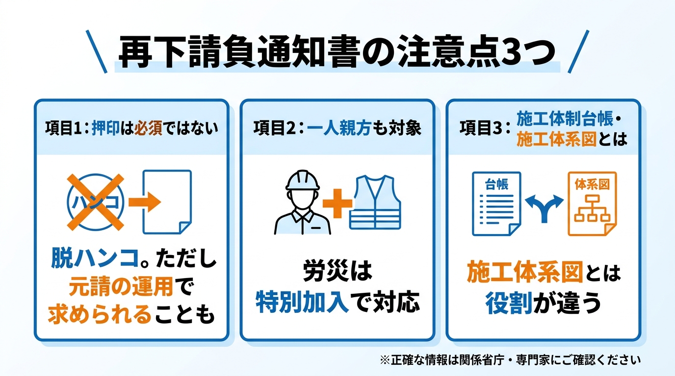 再下請負通知書の注意点（押印は必須でない・一人親方も対象・施工体制台帳とは役割が違う）を3項目で整理したインフォグラフィック