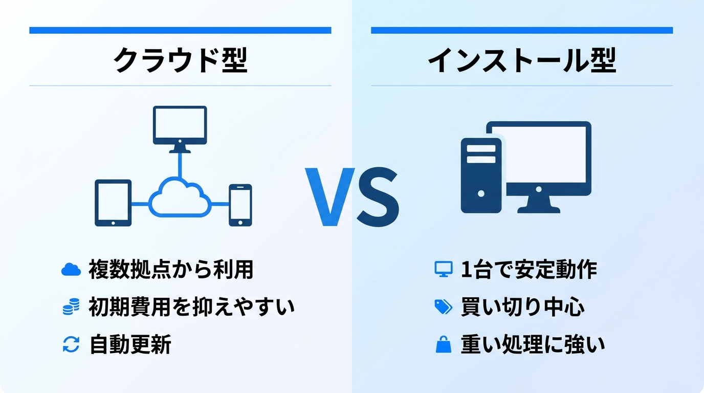クラウド型とインストール型の積算ソフトを左右に比較したインフォグラフィック。左側は複数端末から使えるクラウド型、右側は1台のPCで動くインストール型の特徴を対比した図