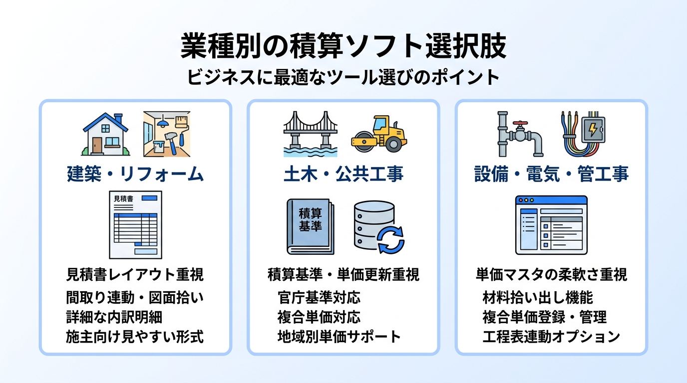 業種別の積算ソフトの選択肢を示すインフォグラフィック。建築・リフォーム、土木・公共工事、設備・電気・管工事という3つの業種カテゴリごとに適したソフトを整理した図