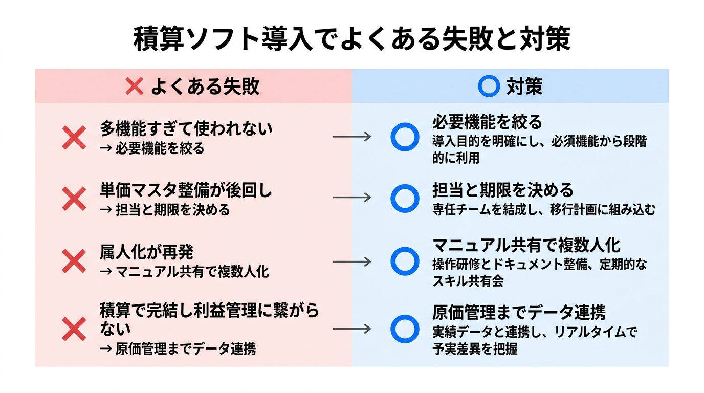 積算ソフト導入でよくある失敗と対策を左右で対比したインフォグラフィック。機能過多や使われない放置、属人化、見積と原価データの分断といった失敗例と、その改善策をペアで示した図