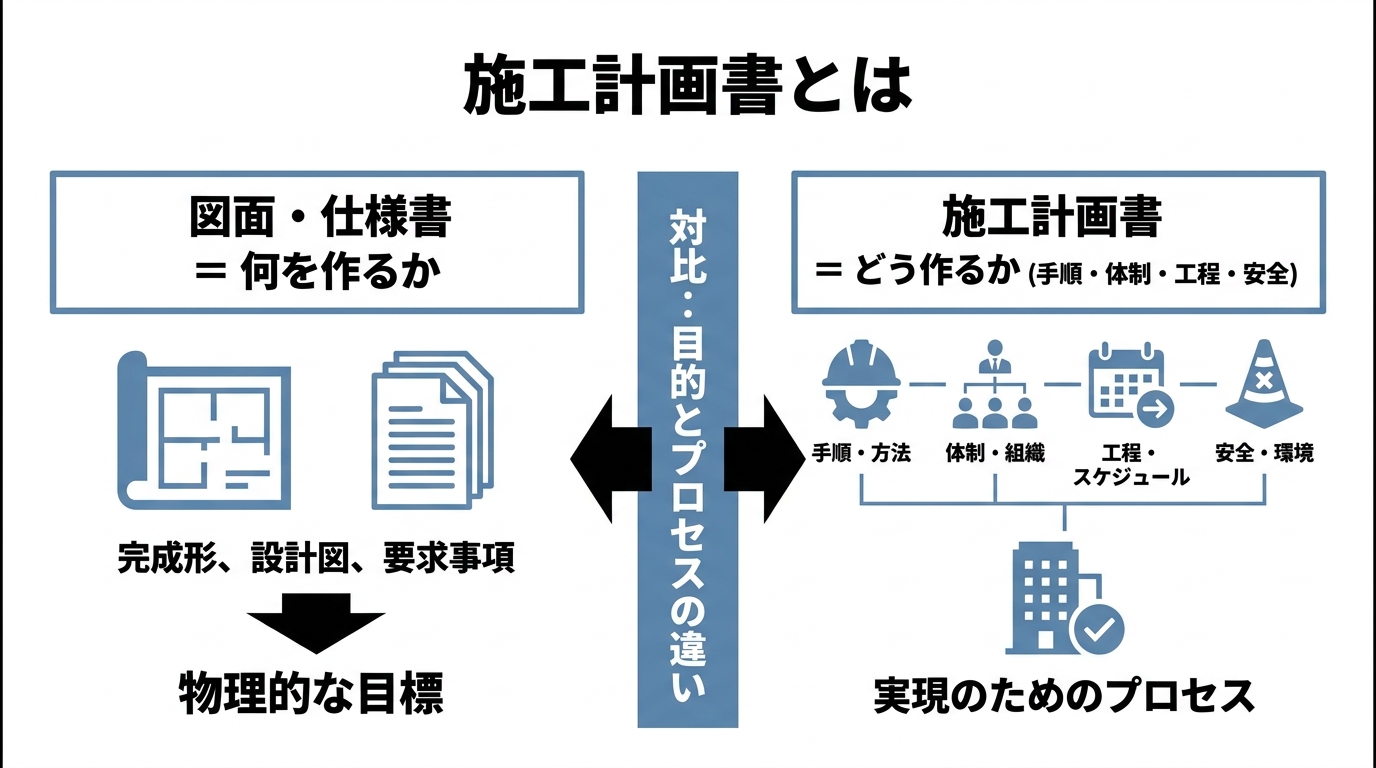 図面は「何を作るか」、施工計画書は「どう作るか」を示すという役割の違いを対比した概念図