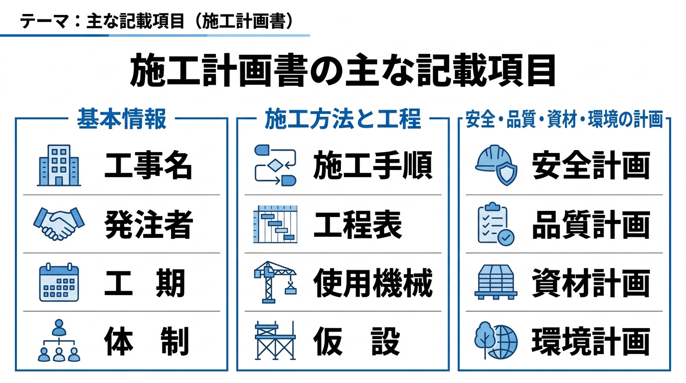 施工計画書に記載する主な項目を基本情報・施工方法と工程・安全品質資材環境の3グループで整理した図