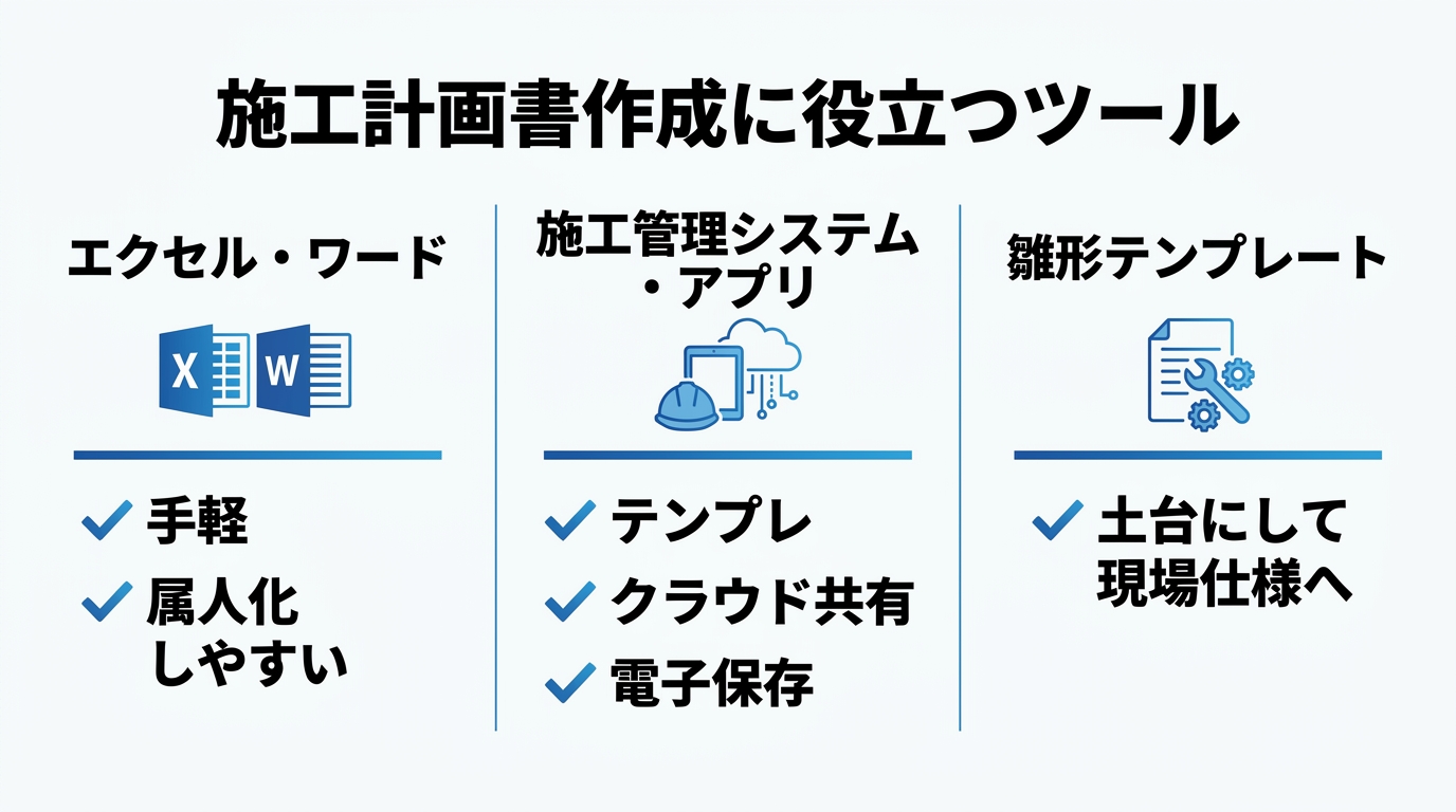 施工計画書づくりに役立つ3つの手段(エクセル・ワード/施工管理システム・アプリ/雛形テンプレート)を並べた図