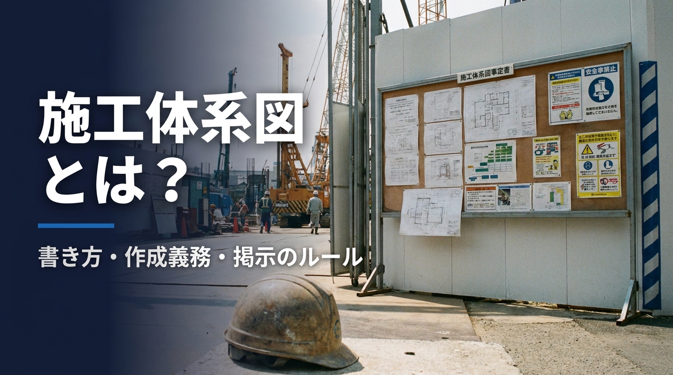 施工体系図とは何かを、書き方・作成義務・公共/民間の掲示ルール・施工体制台帳との違いまで建設会社向けに解説する記事のアイキャッチ