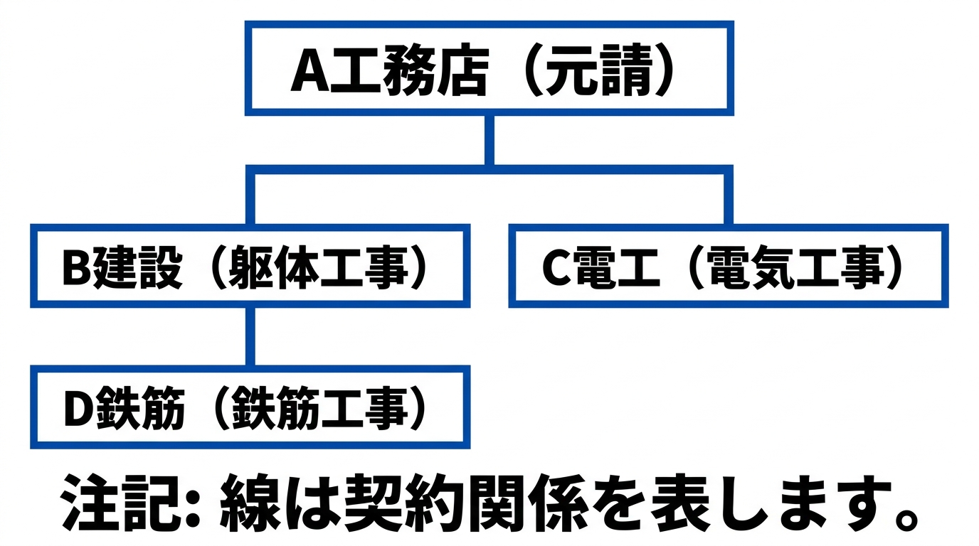 A工務店（元請）からB建設・C電工、さらにB建設からD鉄筋へと契約関係を線で結んだ施工体系図の樹形図の例