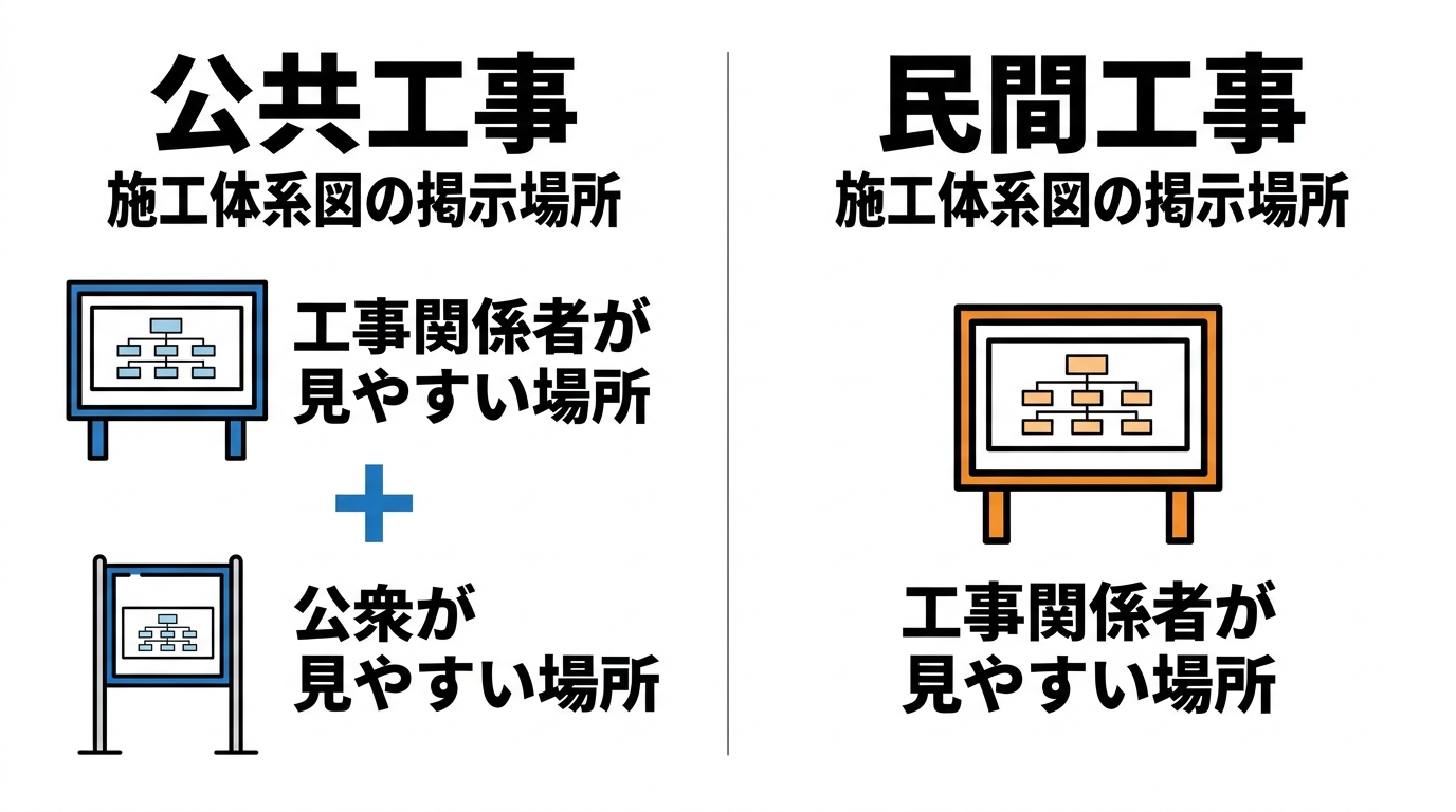 施工体系図の掲示場所を、公共工事（工事関係者＋公衆の見やすい場所）と民間工事（工事関係者の見やすい場所）で比較したインフォグラフィック