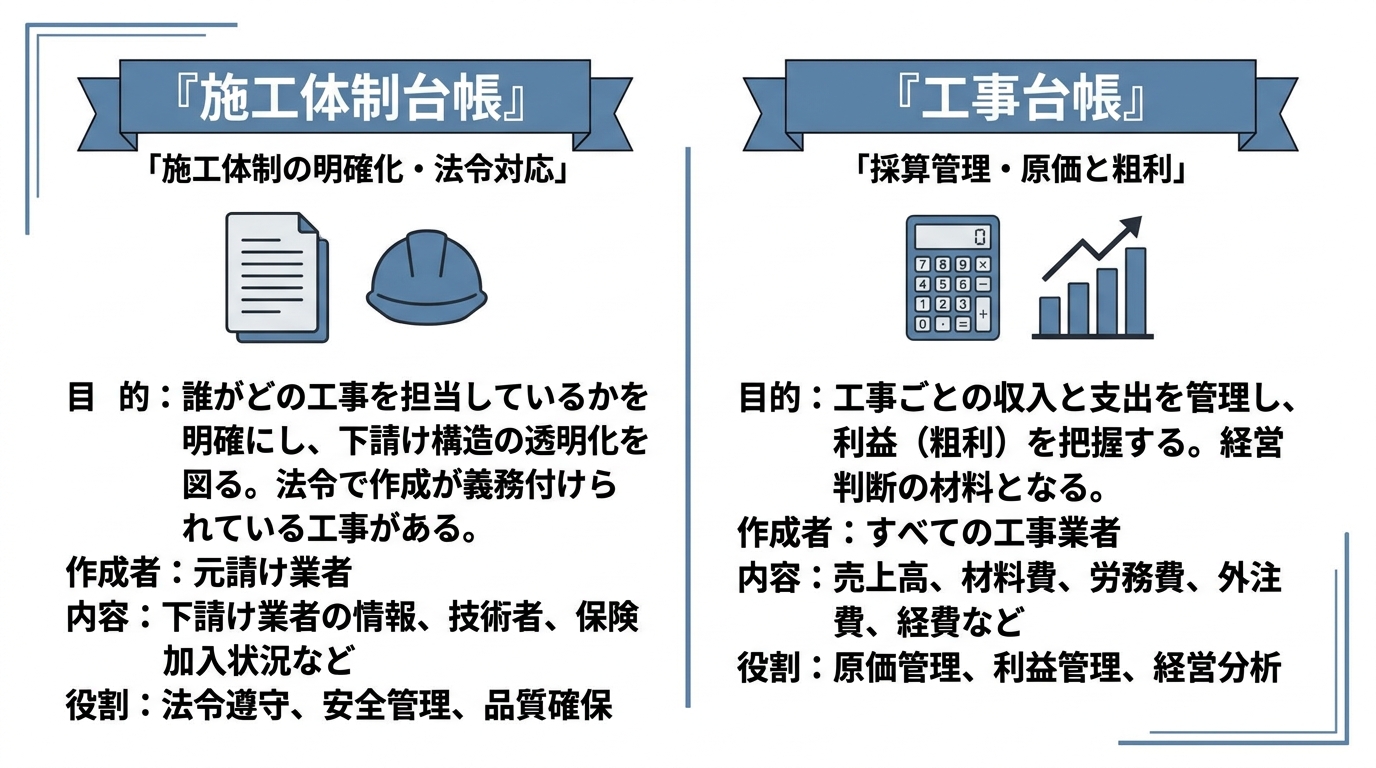 施工体制台帳と工事台帳の違いを左右で対比した比較図（左：施工体制の明確化と法令対応、右：原価・粗利の採算管理）