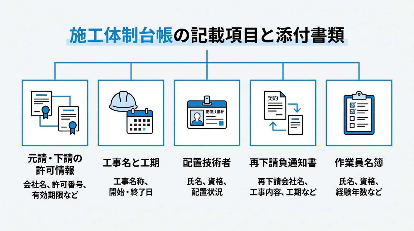 施工体制台帳の記載項目と添付書類をアイコン付きで列挙したインフォグラフィック（許可情報・工期・配置技術者・再下請負通知書・作業員名簿）