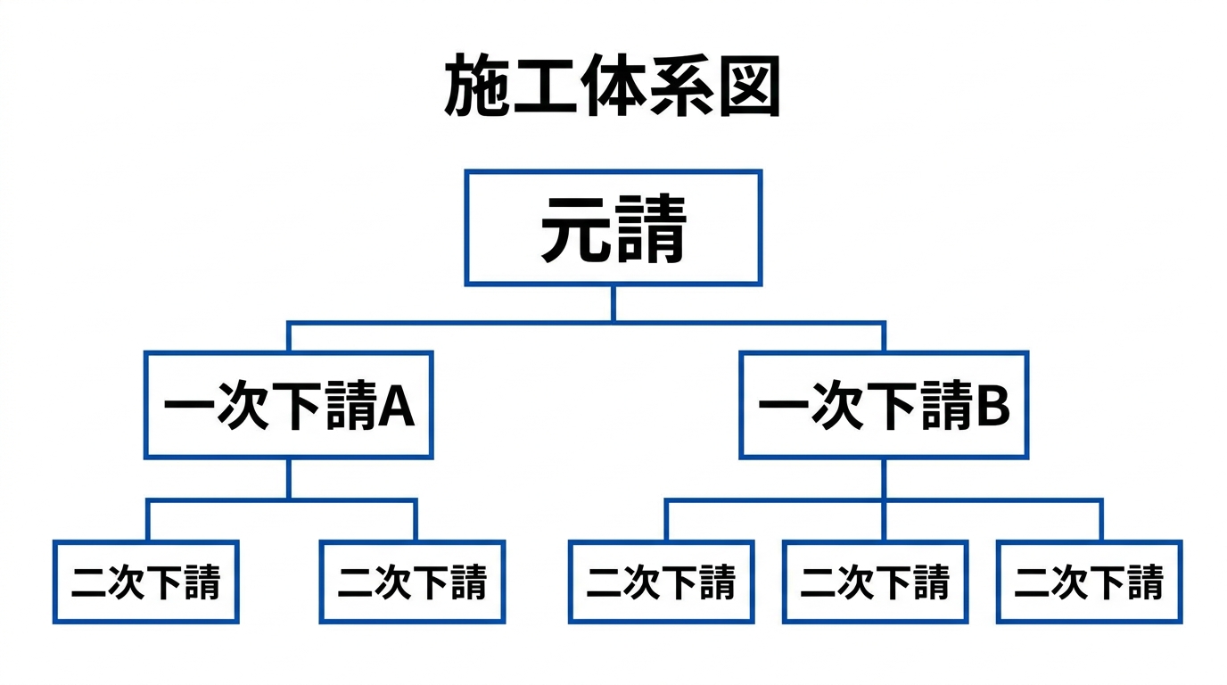 元請を頂点に一次下請・二次下請へ枝分かれする施工体系図のツリー状組織図