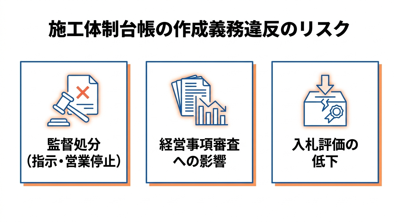 施工体制台帳の作成義務違反による3つのリスク（監督処分・経営事項審査への影響・入札評価の低下）を示した図