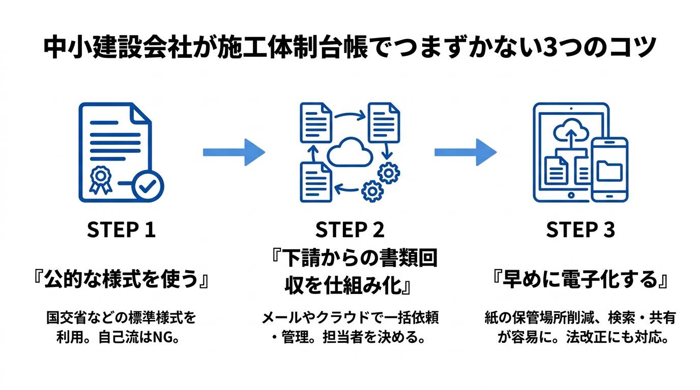 中小建設会社が施工体制台帳でつまずかない3つのコツ（公的様式の活用→書類回収の仕組み化→電子化）を示すフロー図