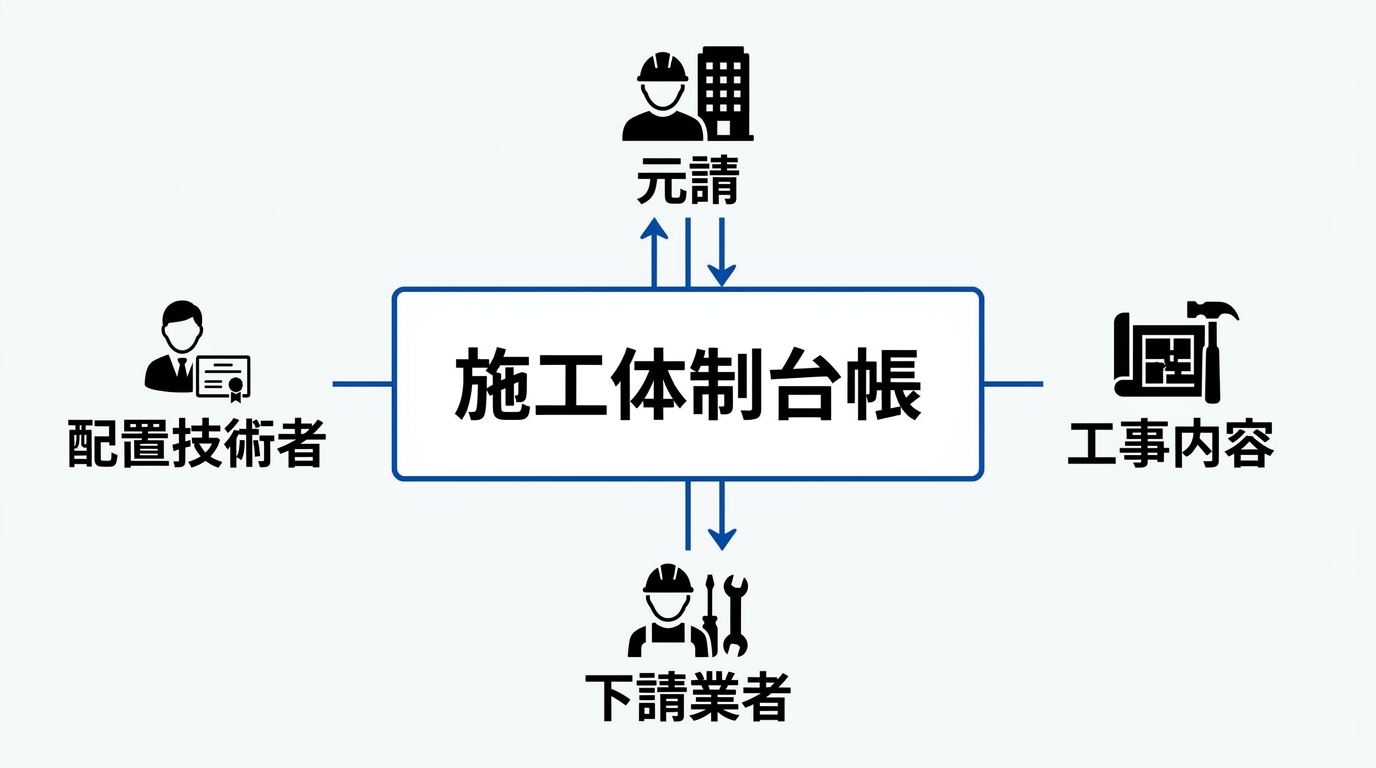施工体制台帳を中央に置き、元請・下請業者・配置技術者・工事内容のつながりを示した概念図