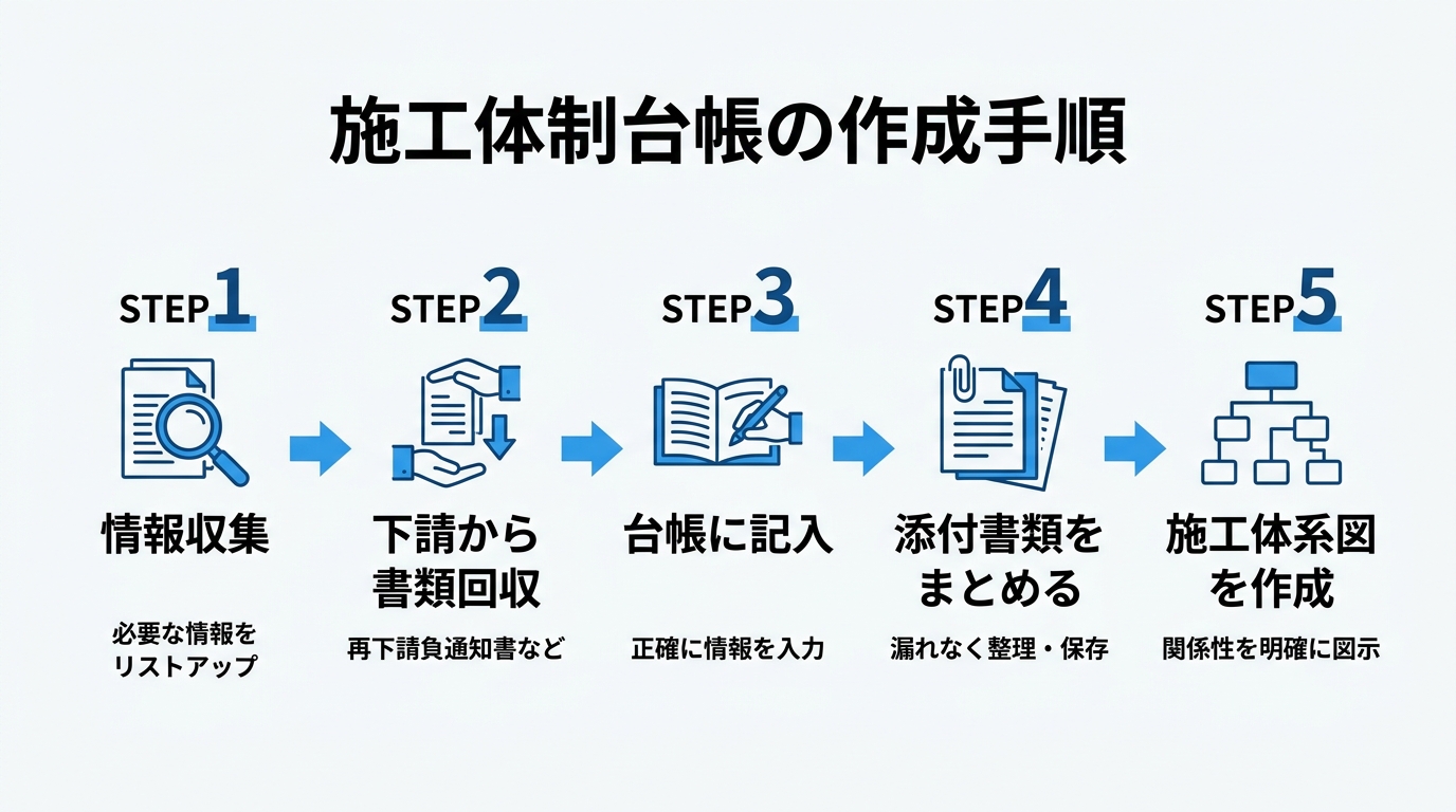 施工体制台帳の作成手順を示す5ステップのフロー図（情報収集→書類回収→記入→添付→施工体系図作成）