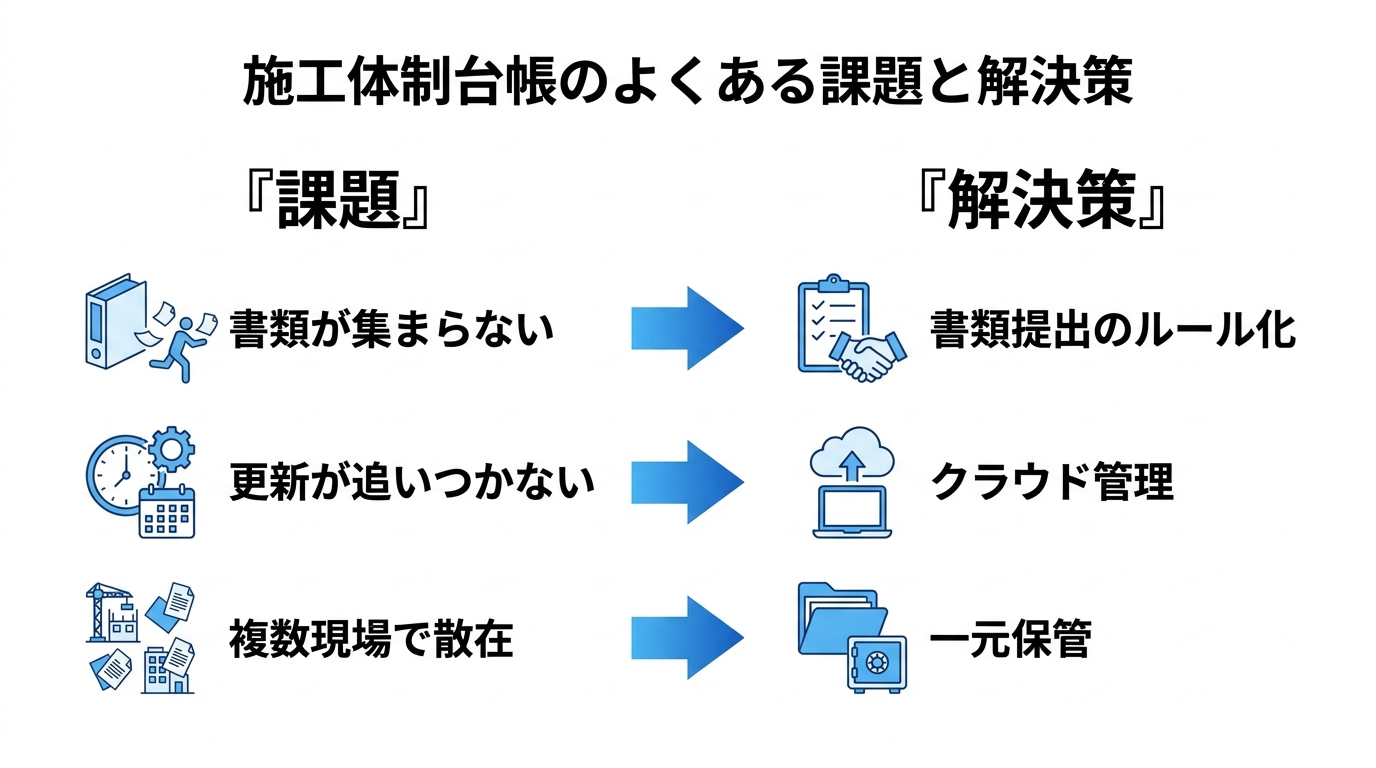 施工体制台帳のよくある課題と解決策を左右で対比した図（書類回収・更新・複数現場管理の悩みとその対策）