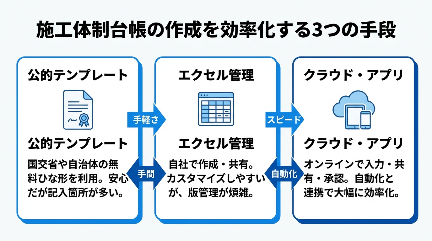施工体制台帳の作成を効率化する3つの手段（公的テンプレート・エクセル管理・クラウドアプリ）を示すカード型インフォグラフィック