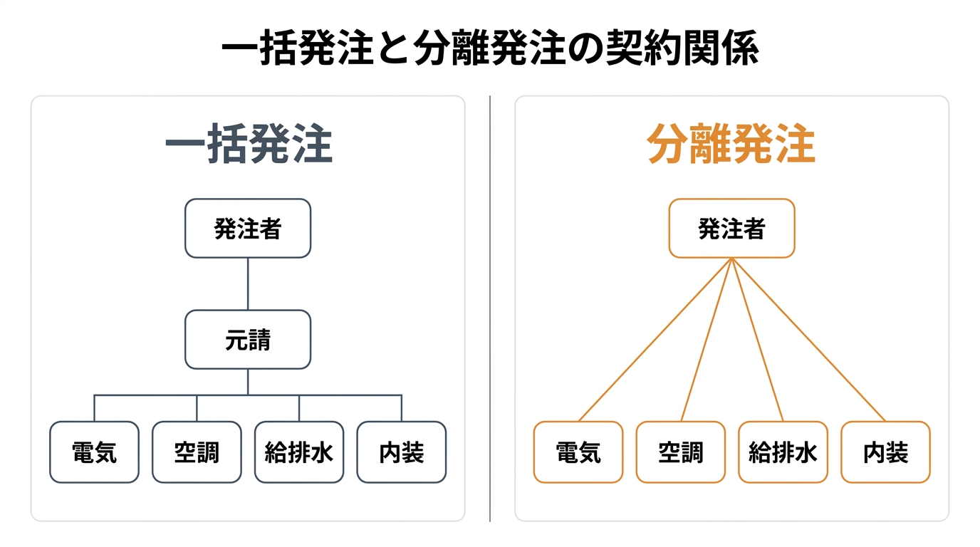 一括発注と分離発注の契約関係を左右で対比した図（一括発注は発注者→元請→各専門工事業者、分離発注は発注者が電気・空調・給排水・内装の各社と直接契約）