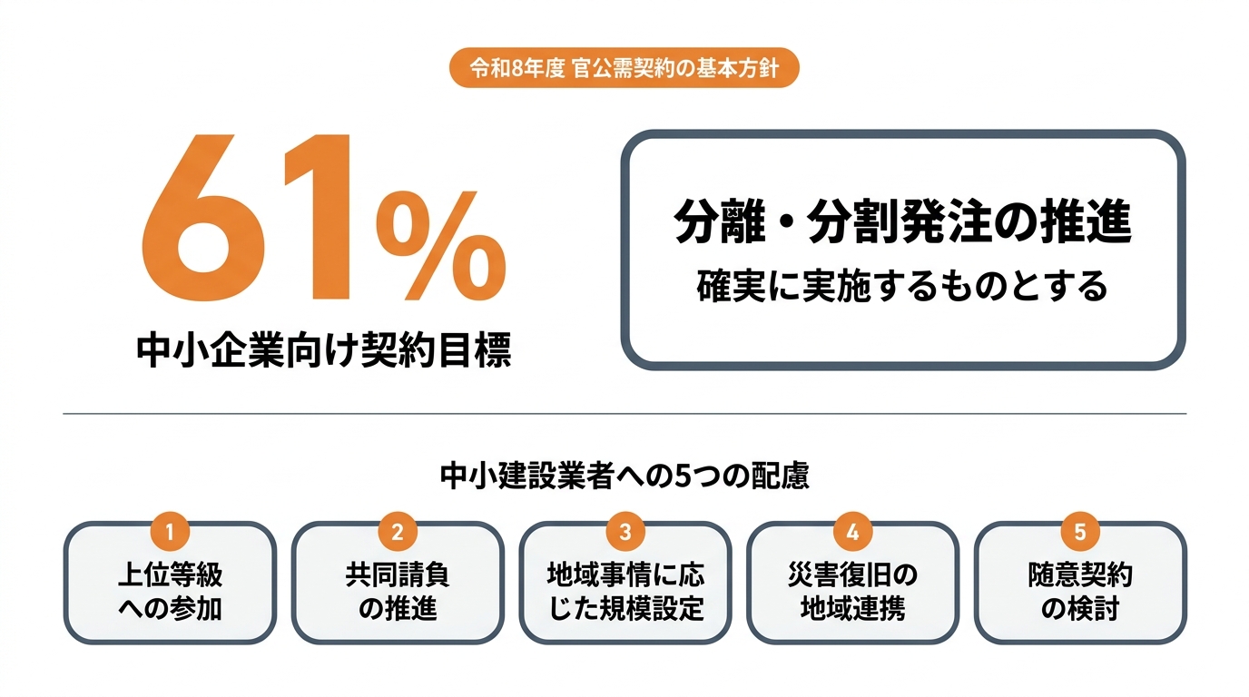 令和8年度の官公需契約の基本方針における中小企業向け契約目標61％と分離・分割発注の推進、中小建設業者への5つの配慮を並べたインフォグラフィック