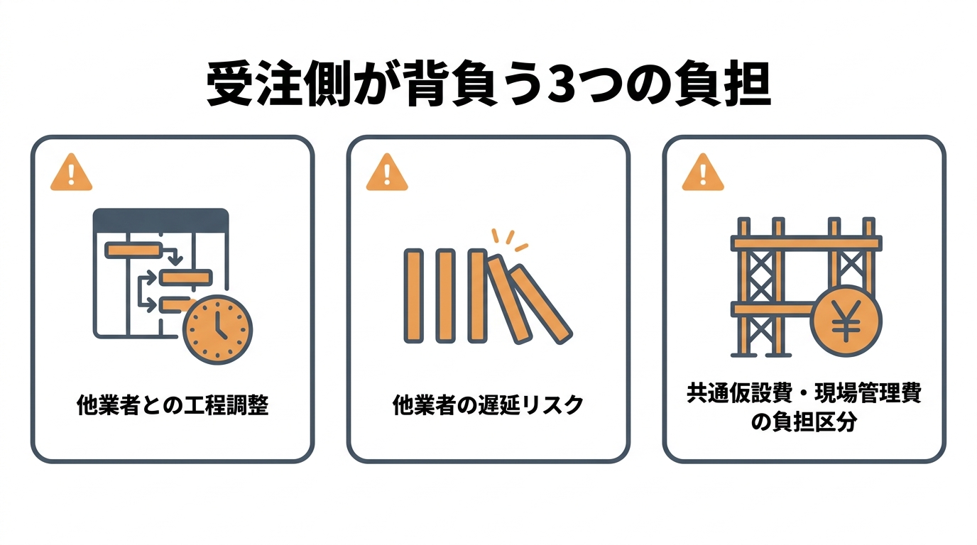 分離発注で受注側が背負う3つの負担を示した図（他業者との工程調整・他業者の遅延リスク・共通仮設費と現場管理費の負担区分）