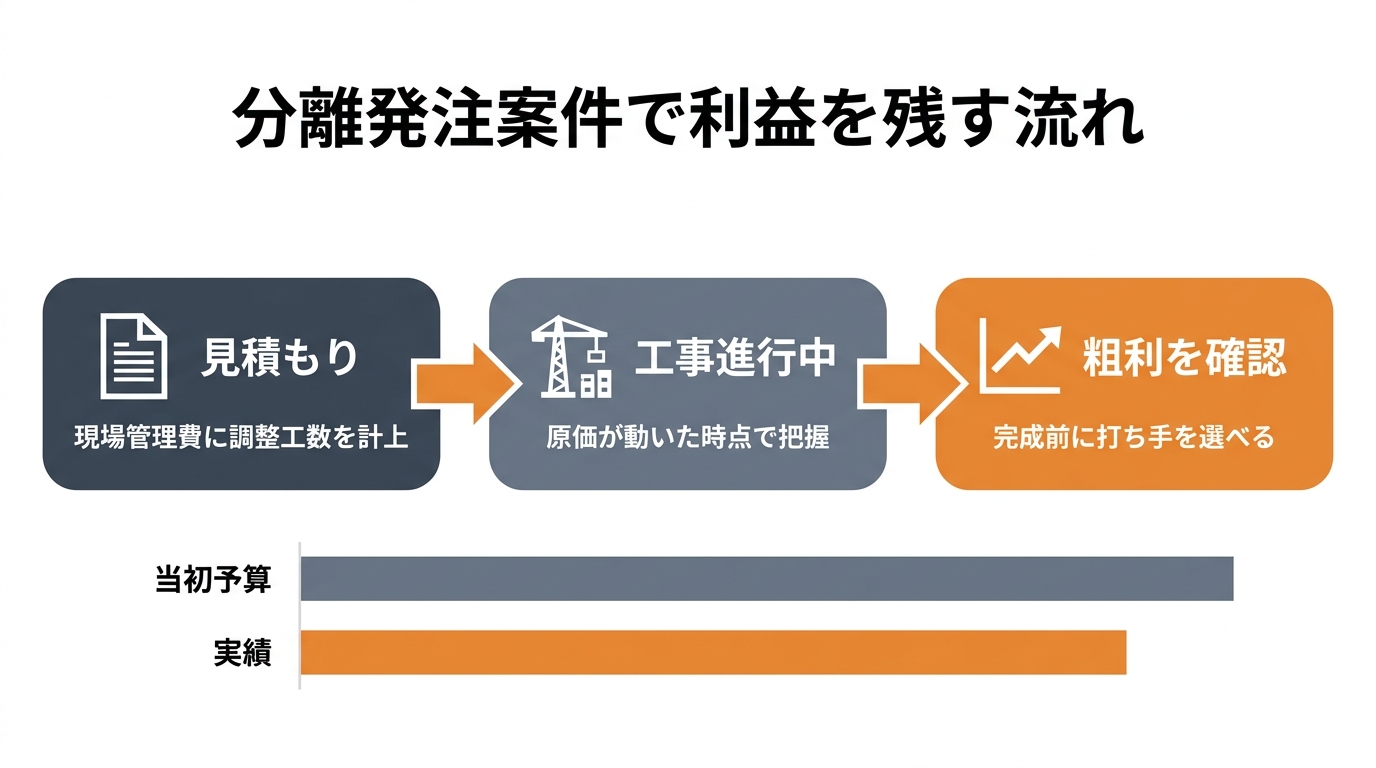 分離発注案件の見積もりに現場管理費として調整工数を計上し、進行中に粗利を確認する流れを示した図