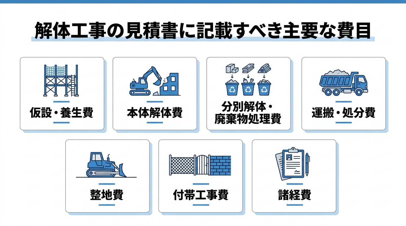 解体工事の見積書に記載すべき主要費目（仮設・養生／本体解体／分別解体・廃棄物処理／運搬・処分／整地／付帯工事／諸経費）を整理した図