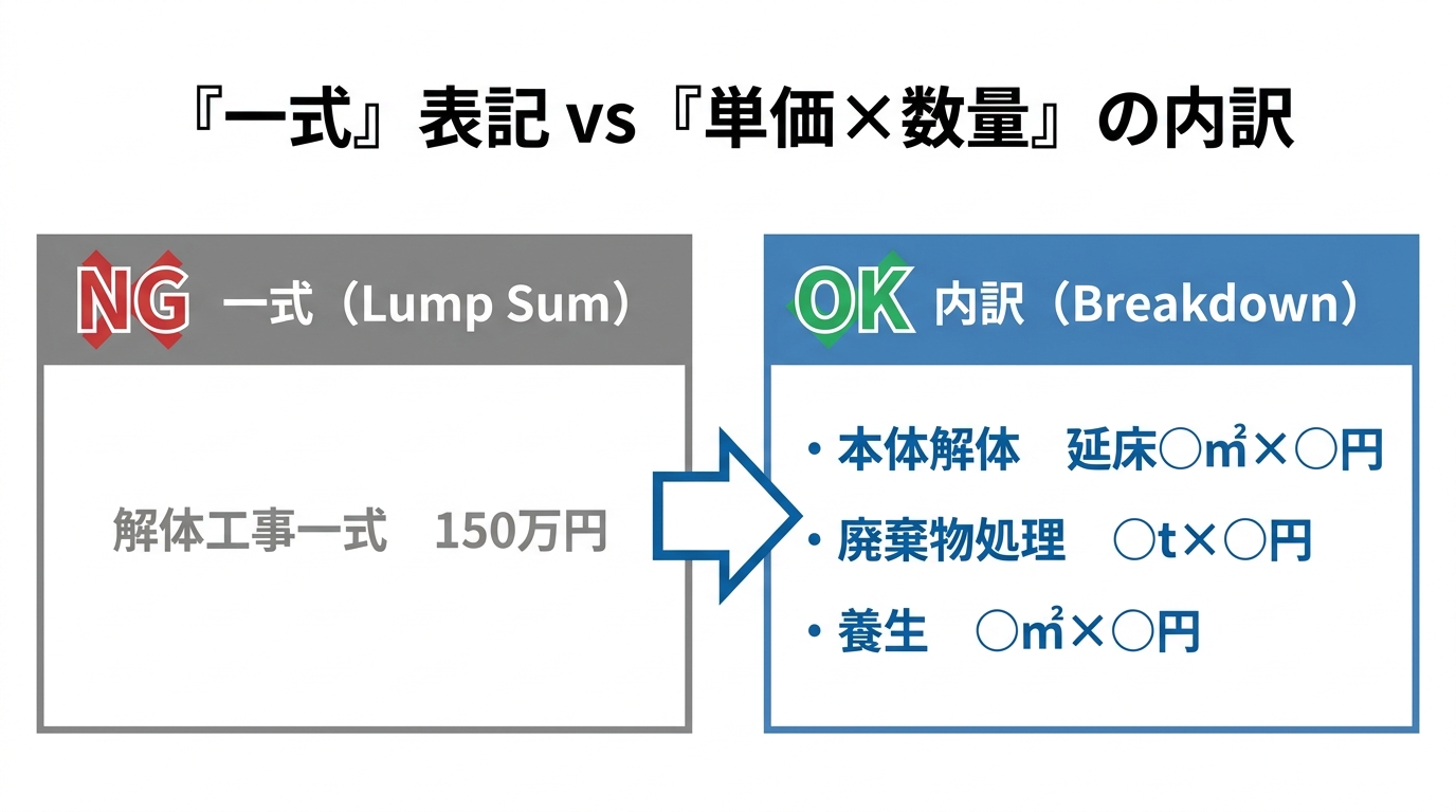 「解体工事一式150万円」と「単価×数量で分解した内訳」を左右で対比した図