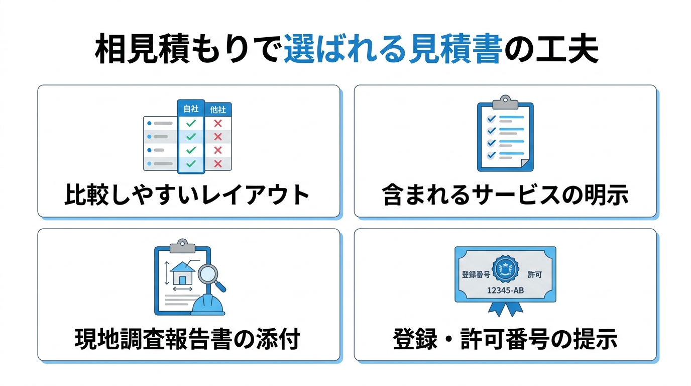相見積もりで選ばれる見積書の工夫（比較しやすいレイアウト・含まれるサービスの明示・現地調査報告書の添付・登録番号の提示）を整理した図