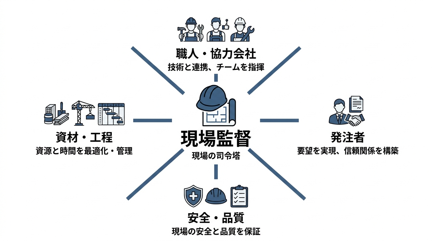 現場監督が現場の司令塔として職人・協力会社、発注者、資材・工程、安全・品質をまとめる様子を示した図