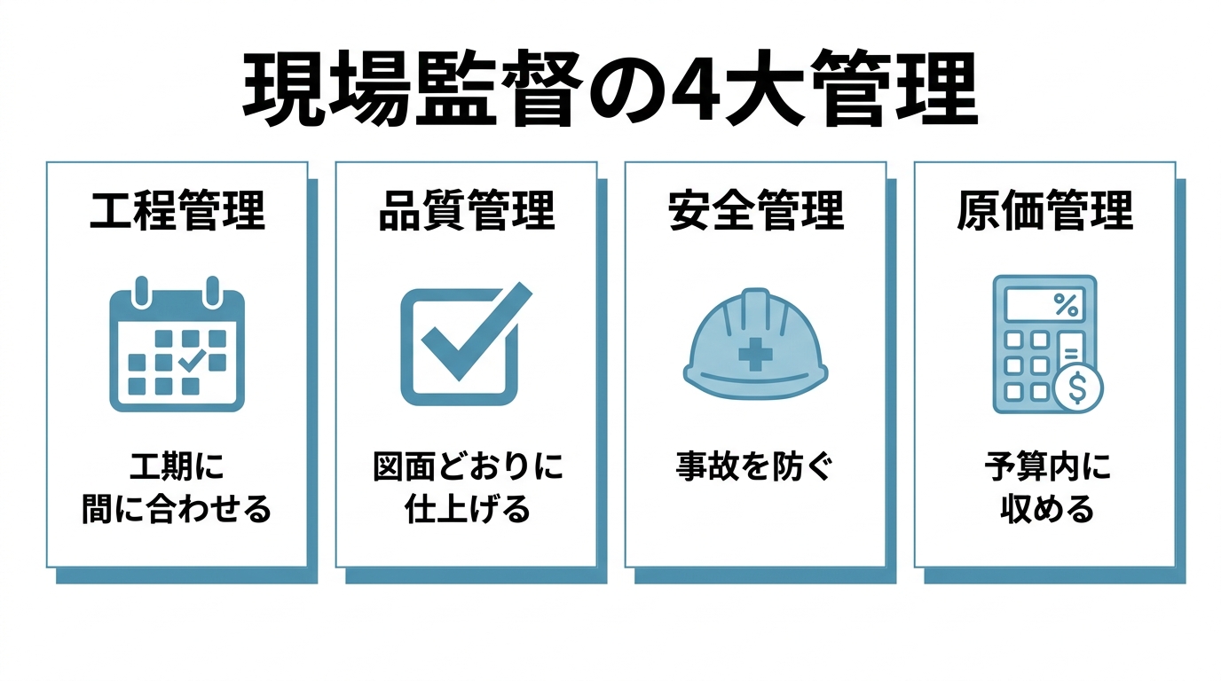 現場監督の4大管理(工程管理・品質管理・安全管理・原価管理)をアイコン付きで並べた図