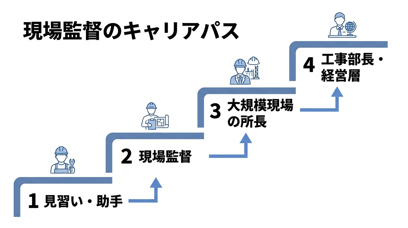 現場監督のキャリアパス(見習い・助手→現場監督→大規模現場の所長→工事部長・経営層)を階段状に示した図