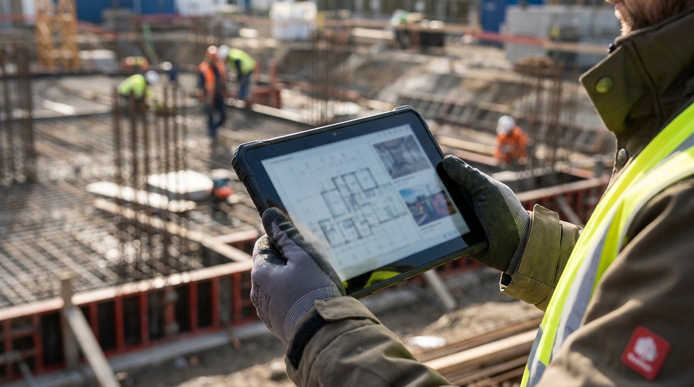建設現場でタブレットを手に施工状況を確認・記録している現場監督の手元