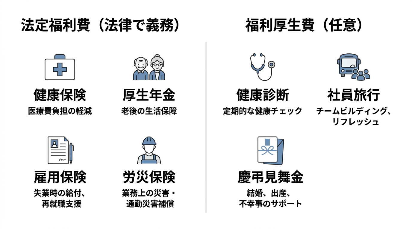 法定福利費（法律で義務）と福利厚生費（任意）を左右で対比した比較図