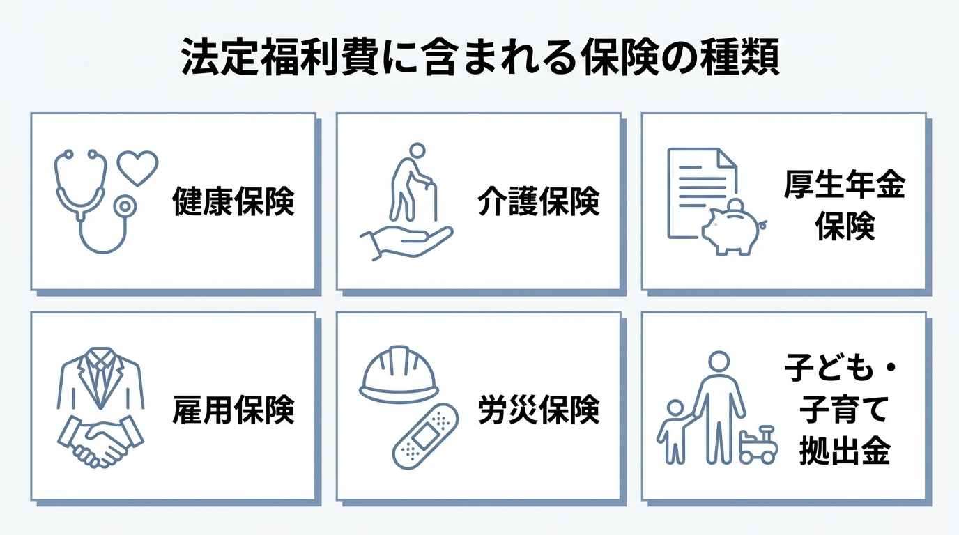 健康保険・介護保険・厚生年金・雇用保険・労災保険・子ども子育て拠出金の6種類をアイコン付きで並べた一覧図