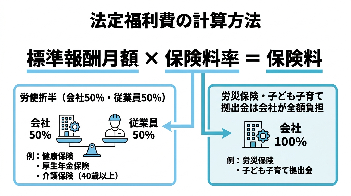 標準報酬月額×保険料率で保険料を求め、会社と従業員が折半する計算の仕組み図