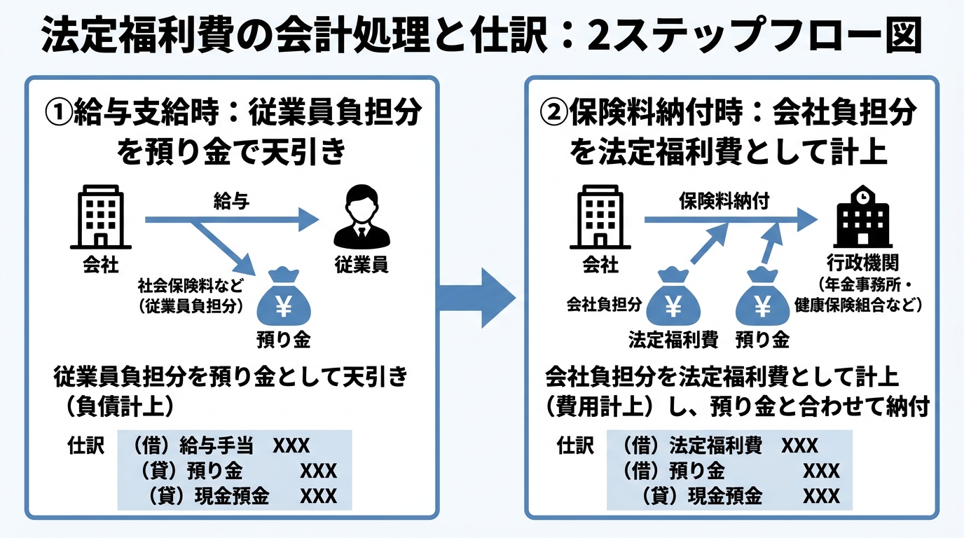 給与支給時に従業員負担分を預り金、納付時に会社負担分を法定福利費に計上する仕訳の流れ図