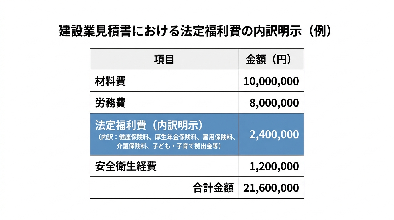 建設業の見積書に材料費・労務費・法定福利費を内訳明示したイメージ図