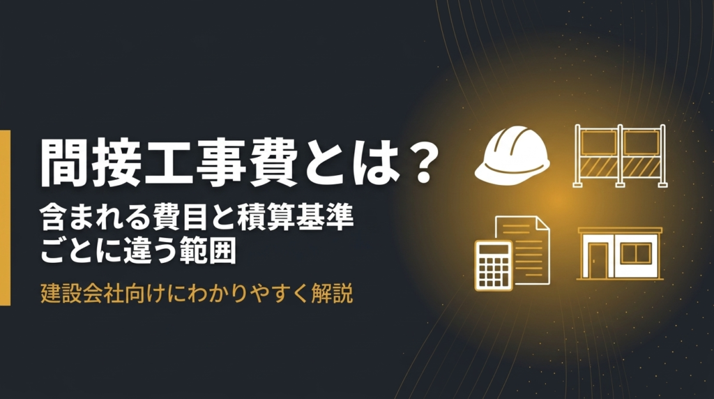 間接工事費とは何かを、含まれる費目と積算基準ごとに違う範囲、率の決まり方まで建設会社向けに解説する記事のアイキャッチ