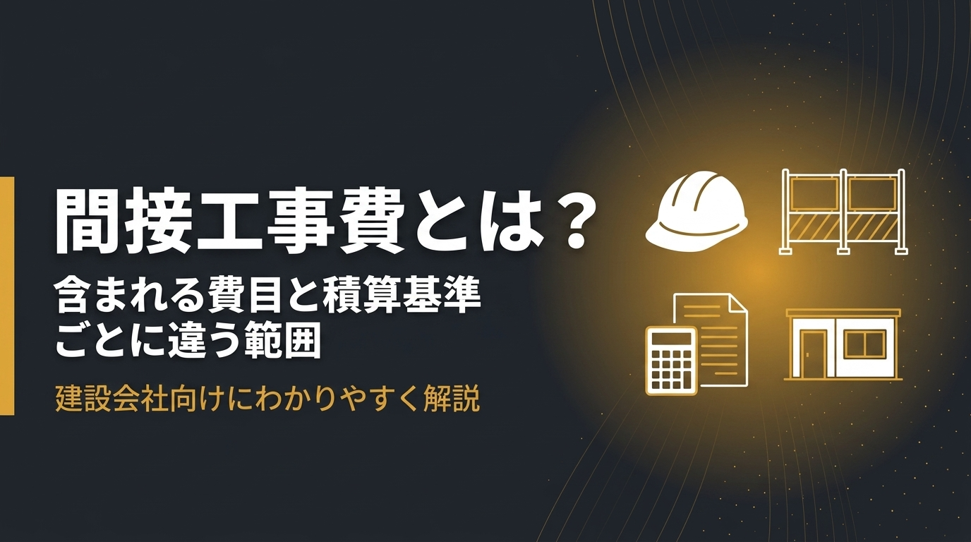 間接工事費とは何かを、含まれる費目と積算基準ごとに違う範囲、率の決まり方まで建設会社向けに解説する記事のアイキャッチ