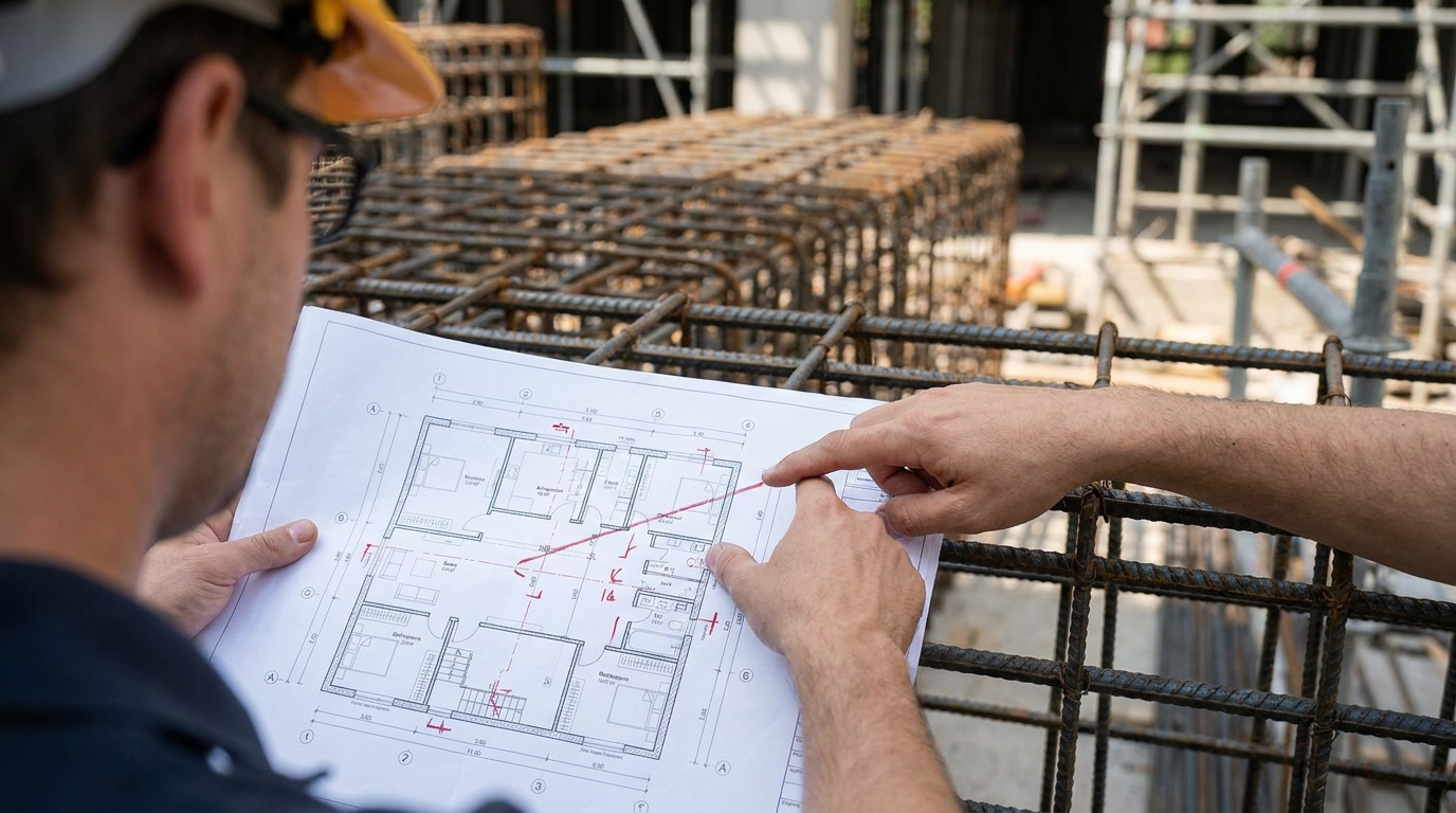 建設現場で監理者が設計図面を手に配筋の状態と図面を見比べて照合確認している様子