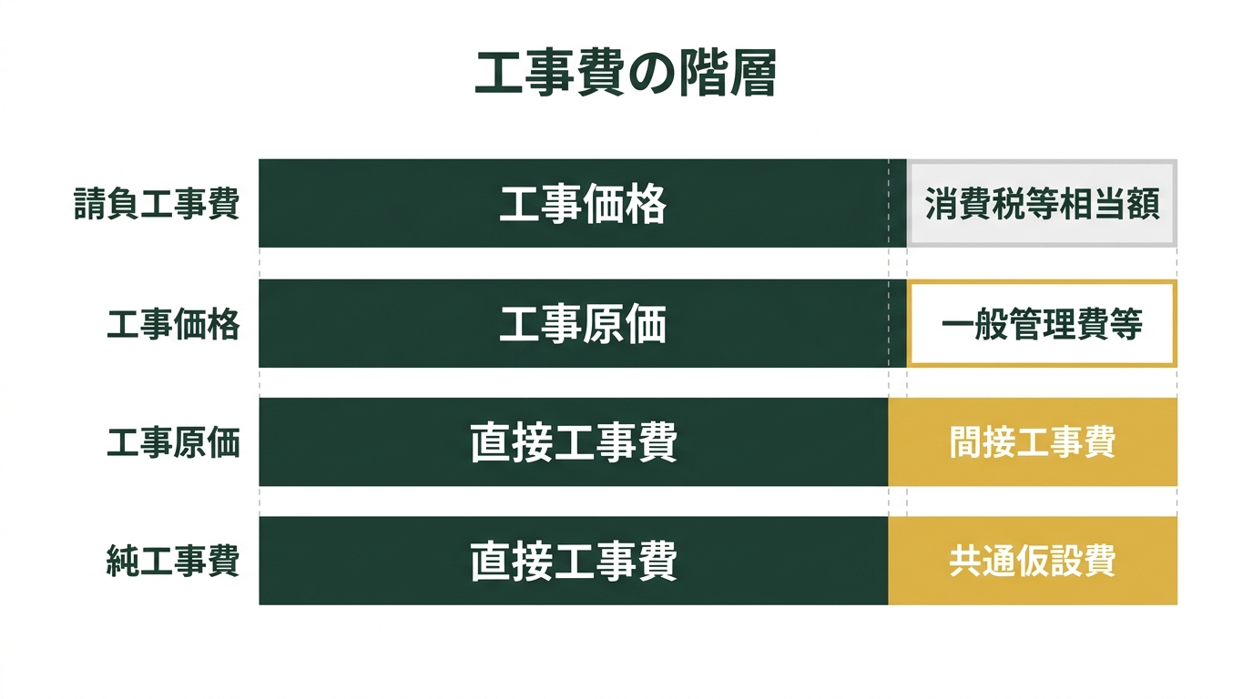 工事費の階層を示した図(請負工事費=工事価格+消費税等相当額、工事価格=工事原価+一般管理費等、工事原価=直接工事費+間接工事費、純工事費=直接工事費+共通仮設費)
